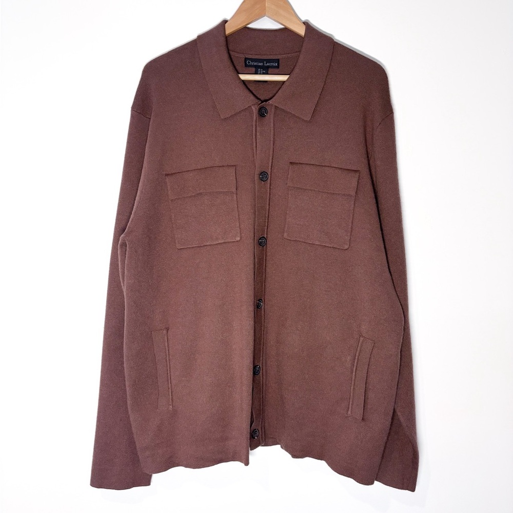 Christian Lacroix Brown Button Front Knit Long Sleeve Collared Shacket Size XL